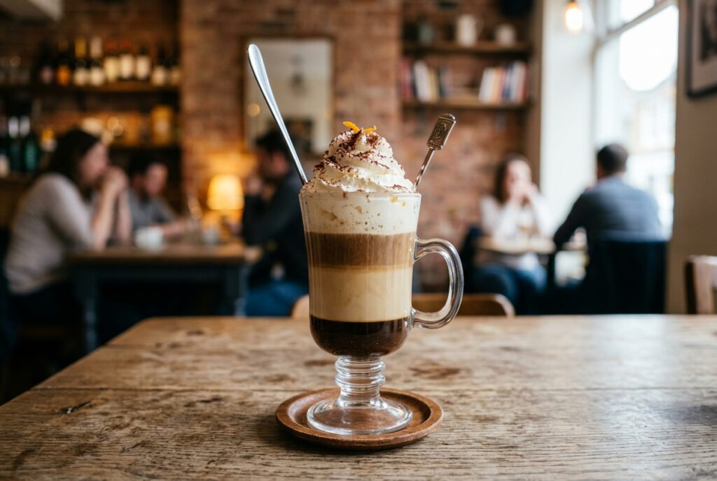 Layered coffee beverage with whipped cream and chocolate shavings in a clear glass mug on a wooden table in a cafe.