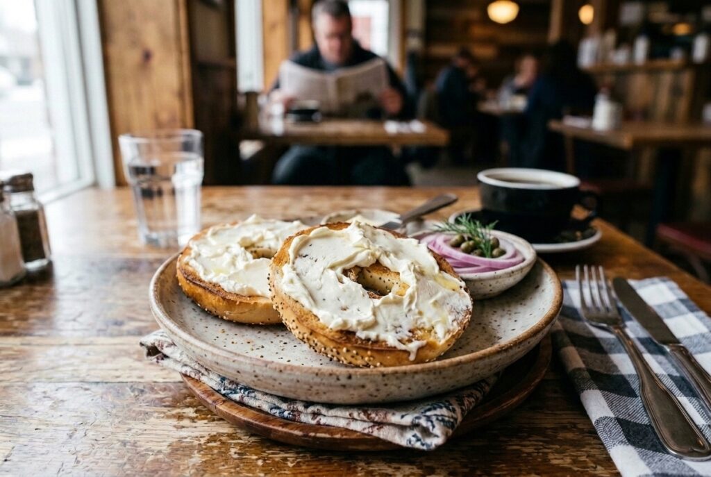 Two sesame bagels with generous cream cheese on a speckled plate, set on a rustic wooden table in a cozy cafe, with coffee and water nearby.