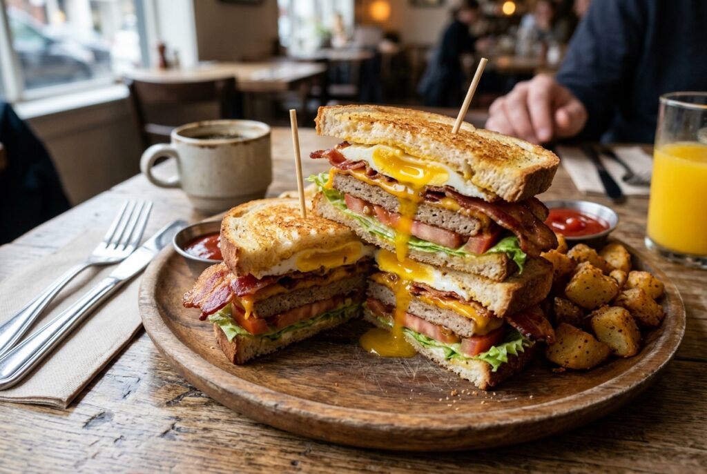 Stacked bacon, egg, cheese, tomato and lettuce grilled cheese sandwich on toasted bread, served with roasted potatoes in a cafe setting.