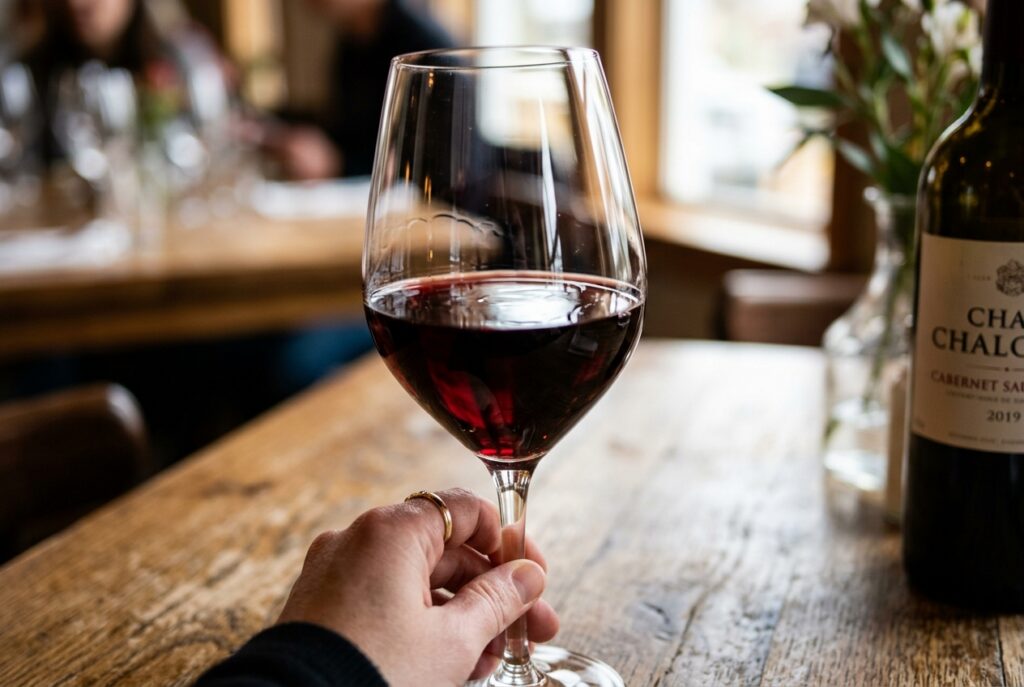 Hand holding a glass of red wine at a rustic wooden table, with a wine bottle visible on the right (out of focus).