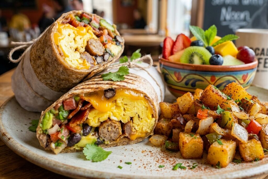 Two breakfast burritos sliced open to reveal eggs, sausage, cheese, avocado, and beans, with roasted potatoes on the side.