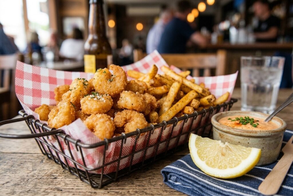 Basket of crispy fried chicken bites and French fries, with a lemon wedge and creamy dipping sauce on a wooden table