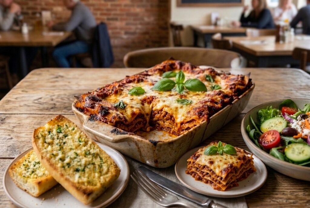 Cheesy baked lasagna in a casserole dish, garnished with basil, with garlic bread and a side salad on a rustic table in a restaurant setting.