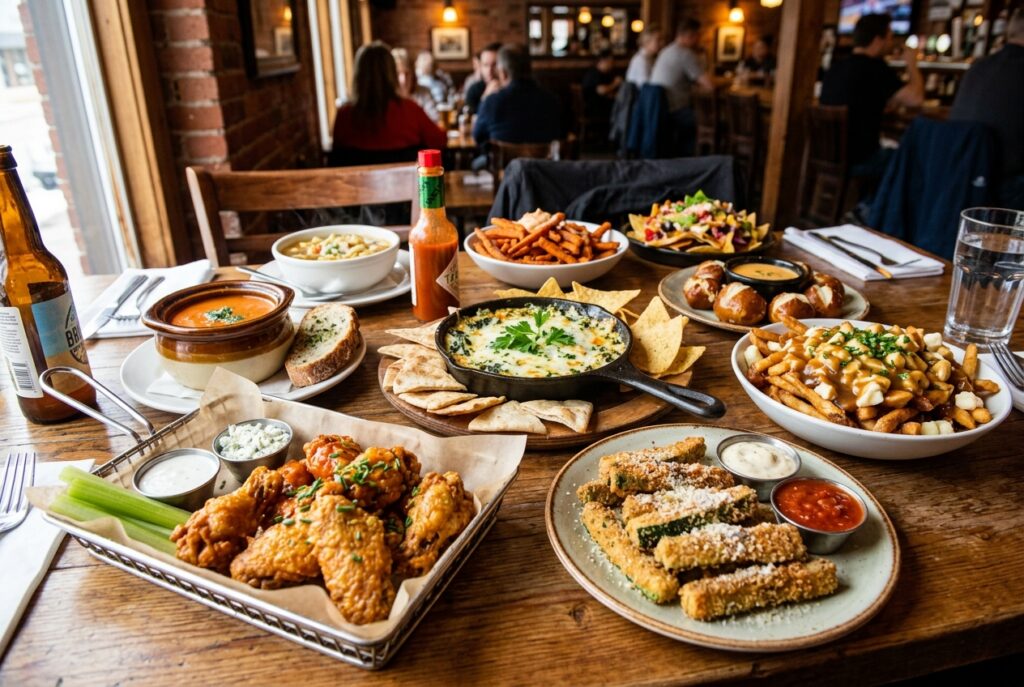 Shared feast on a wooden table at a restaurant: wings, fried zucchini sticks, nachos, mac and cheese, soup, salad, bread, and dipping sauces with a hot sauce bottle in view.