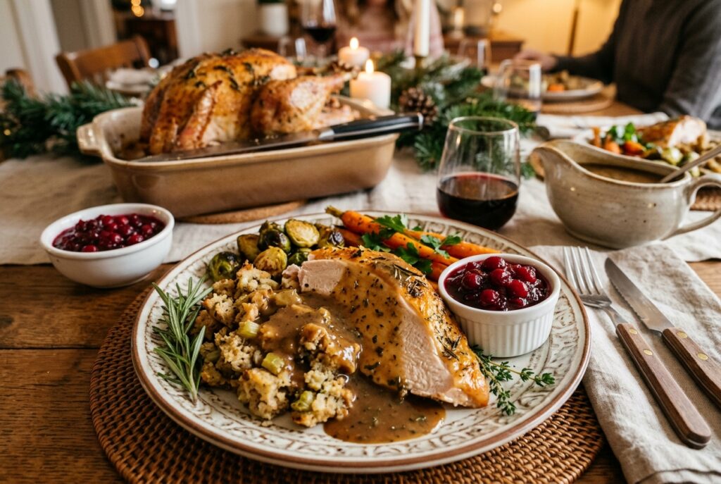 Holiday table with a roasted turkey centerpiece, plated slice of turkey with stuffing, cranberry sauce, vegetables, and sprigs of rosemary beside a wine glass.